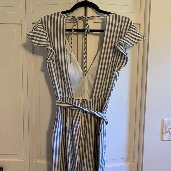 Blue and white striped low cut ruffle jumpsuit - Picture 8 of 9